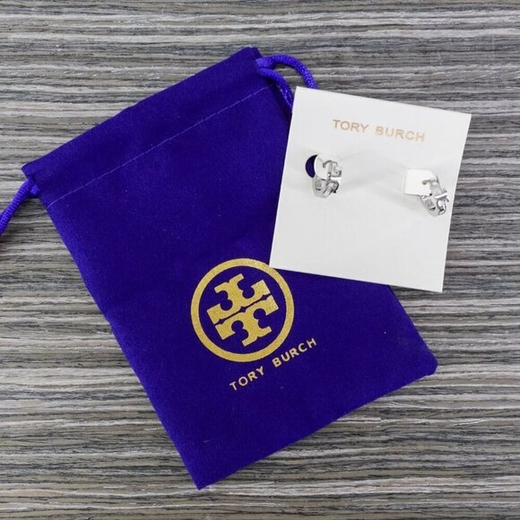 Tory Burch Serif-T Enamel Huggie Hoop Earrings Silver/Ivory OS - Picture 12 of 12